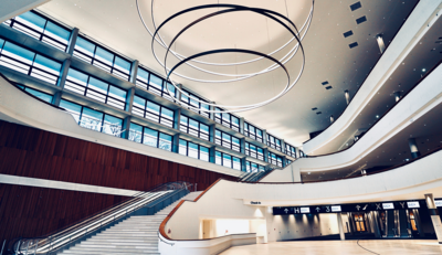 the entrance hall of the new CCH with the world's largest pendant light