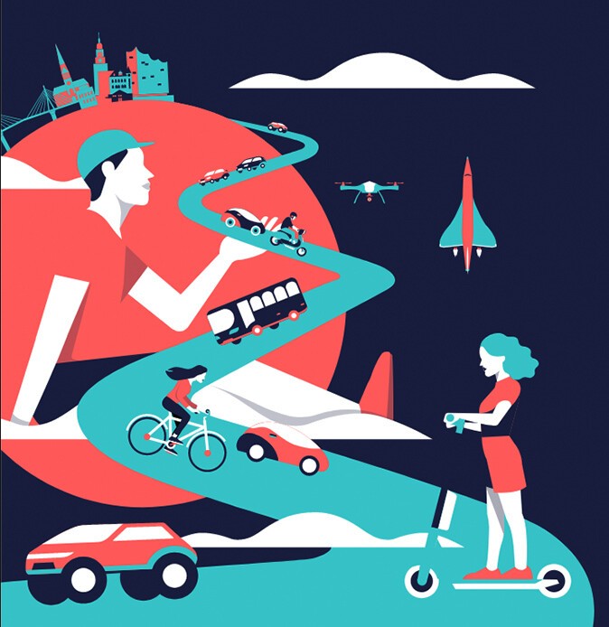 Drawing of a street with buses, scooters, ferry bikes. The road winds its way up to an abstract globe