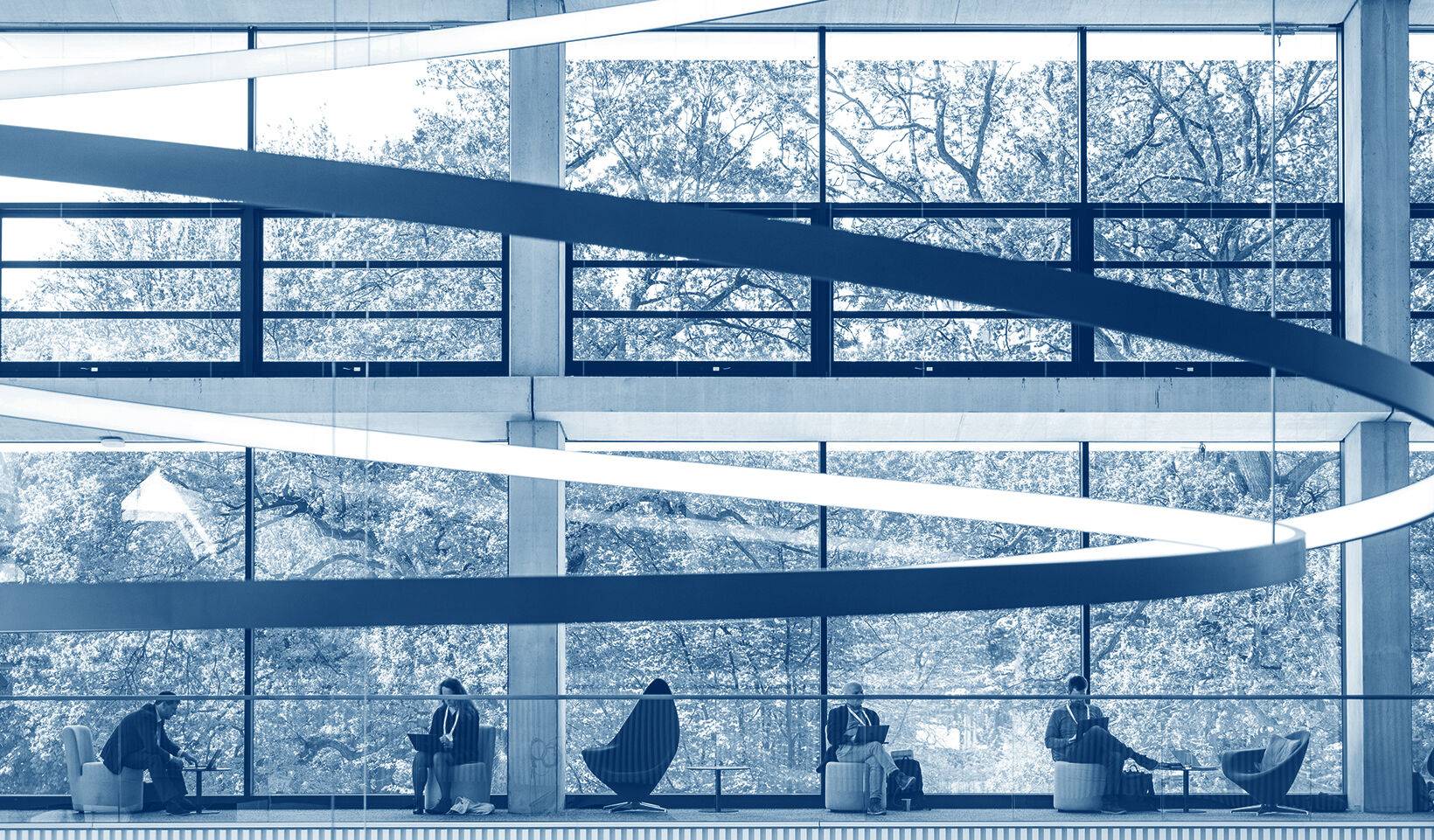 Visitors at the CCH, with the green Planten un Blomen park in the background