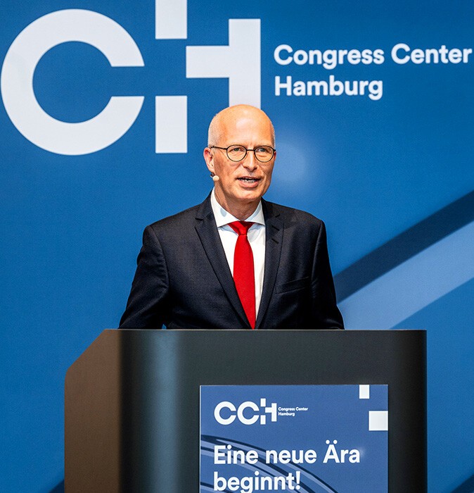 Hamburg's First Mayor Peter Tschentscher at the lectern during the official opening of the CCH