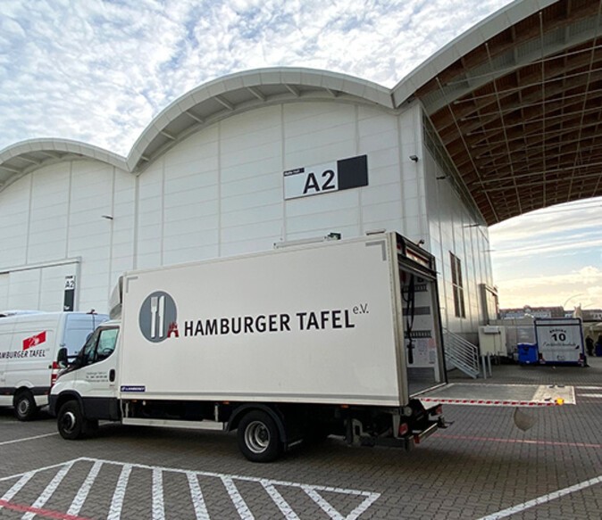 A lorry from the Hamburg food bank outside the HMC exhibition halls