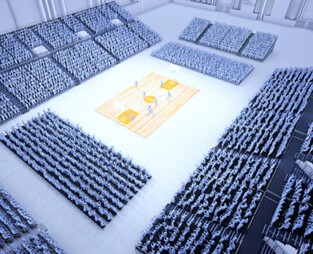 A rendering of the mobile grandstand system in use during a basketball match