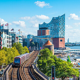 Hamburg impression: Underground at the harbour with the Elbphilharmonie in the background