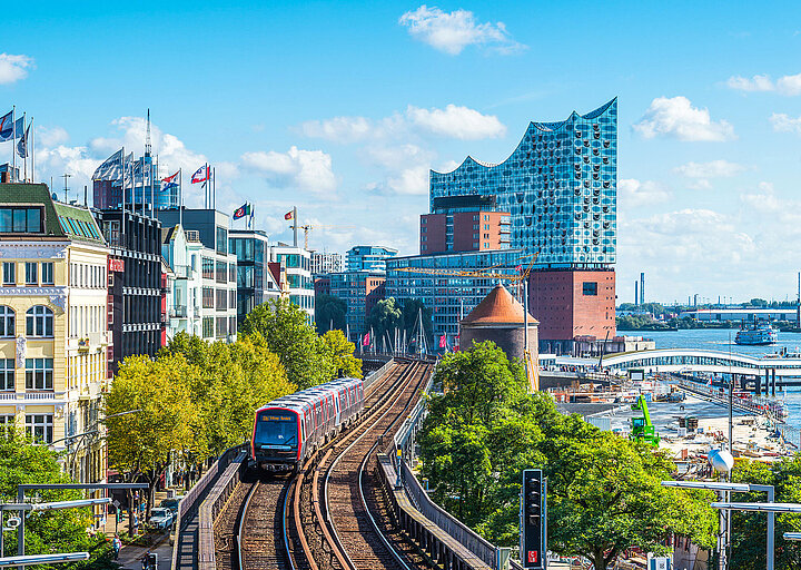 Hamburg impression: Underground at the harbour with the Elbphilharmonie in the background