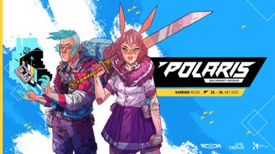 Visual of the Polaris Convention with a manga-sytle drawing of two characters