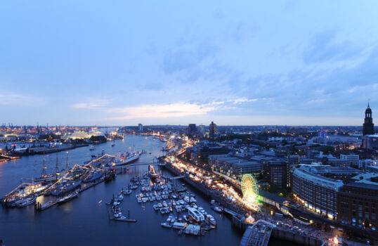 Aerial view of the harbour anniversary at dusk