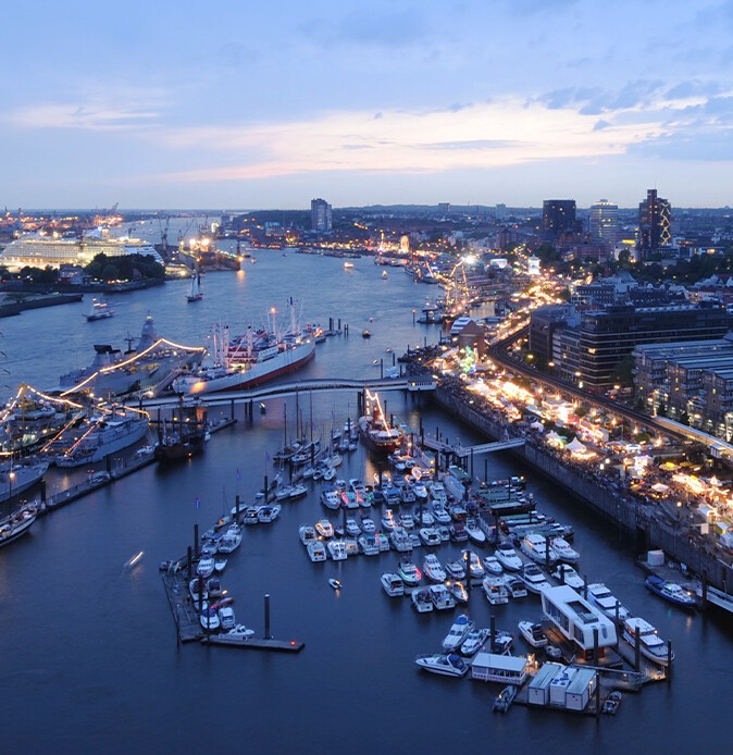 Aerial view of the harbour anniversay at dusk